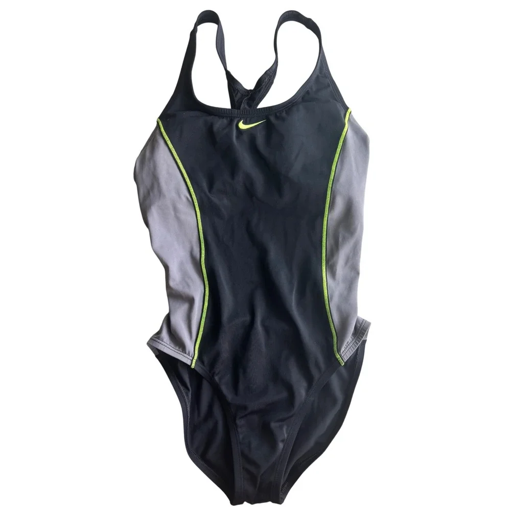 Nike Womens One Piece Swimsuit Black Grey Lime Green Racerback Size Small Swim